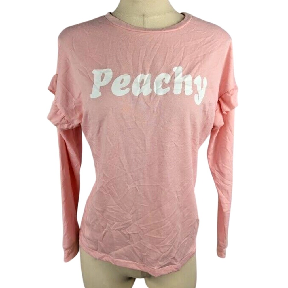 Pretty Rebellious Juniors' Peachy Graphic Ruffled Top Size S Pink